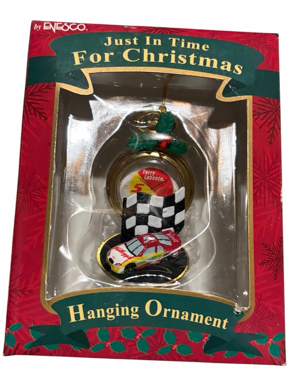 Enesco Racing Car and Checkered Flag Ornament - Red, Green, Gold, Black